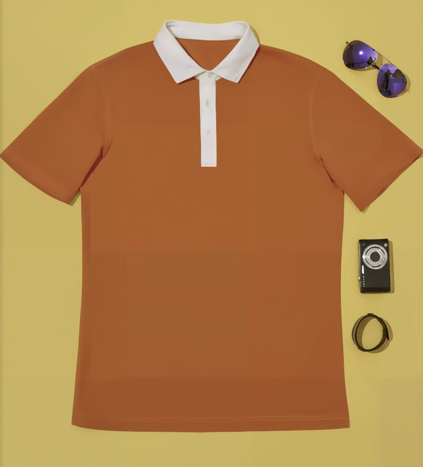 Orange polo shirt with white collar on a yellow background