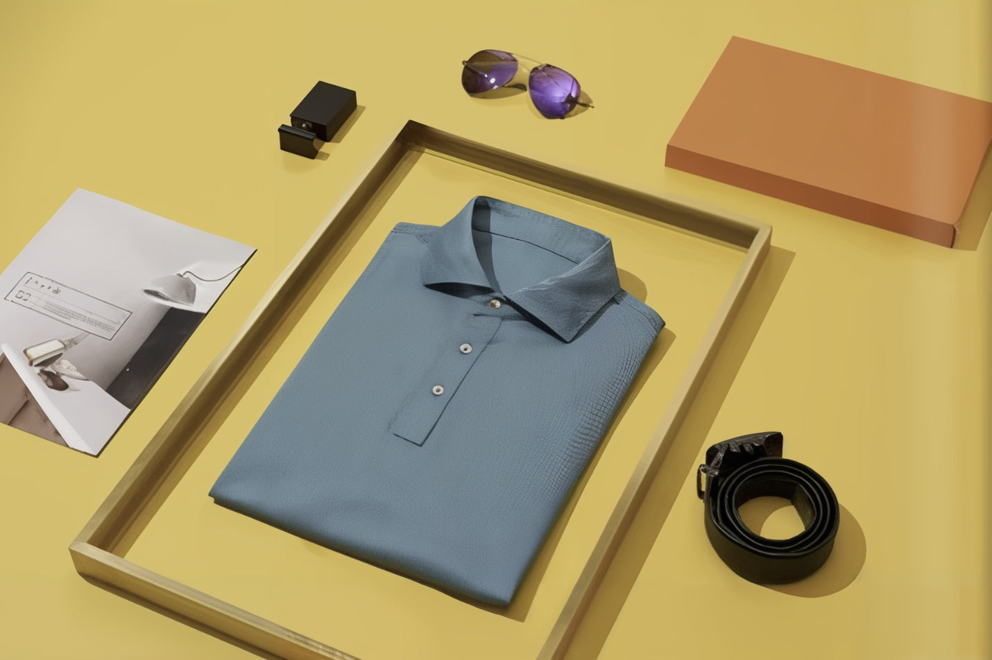 Teal polo shirt with sunglasses, black belt, and brown box on a yellow background