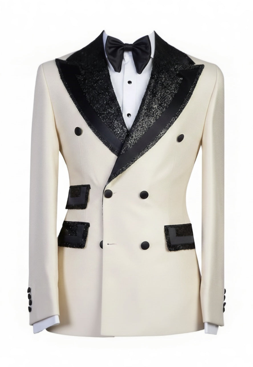 2pc Ivory Double Breasted Tuxedo Jacket and Black Formal Trousers / Italian Pure Wool Super 110'S