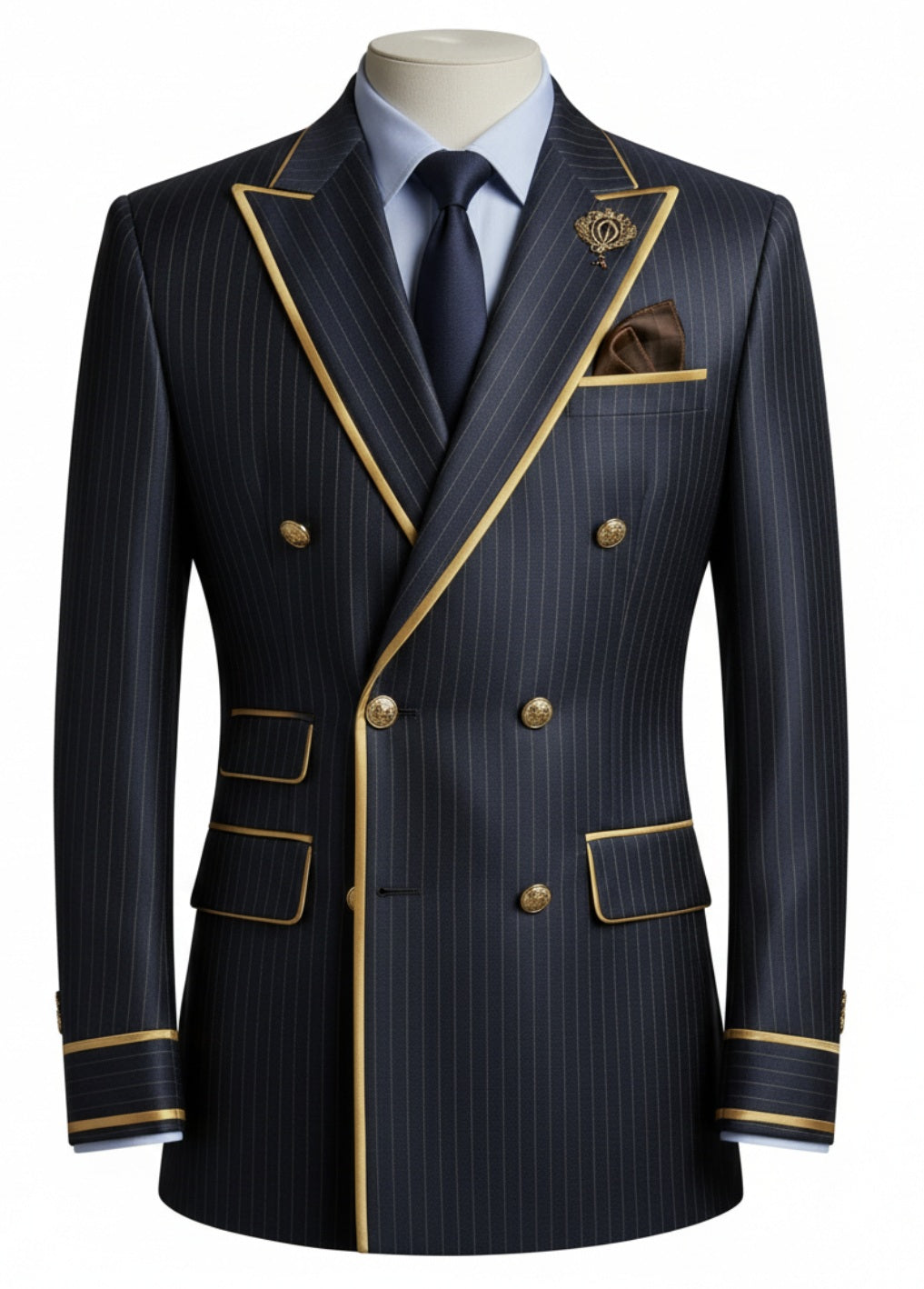 2pc Navy/ Gold Pinstripe Double Breasted Tuxedo Jacket and Black Formal Trousers / Italian Pure Wool