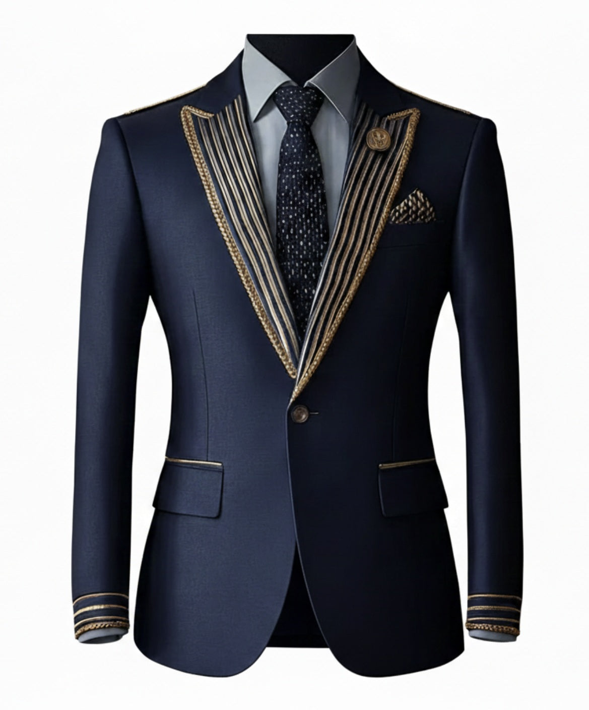 2pc Navy/ Gold Single Breasted Tuxedo Jacket and Black Formal Trousers / Italian Pure Wool