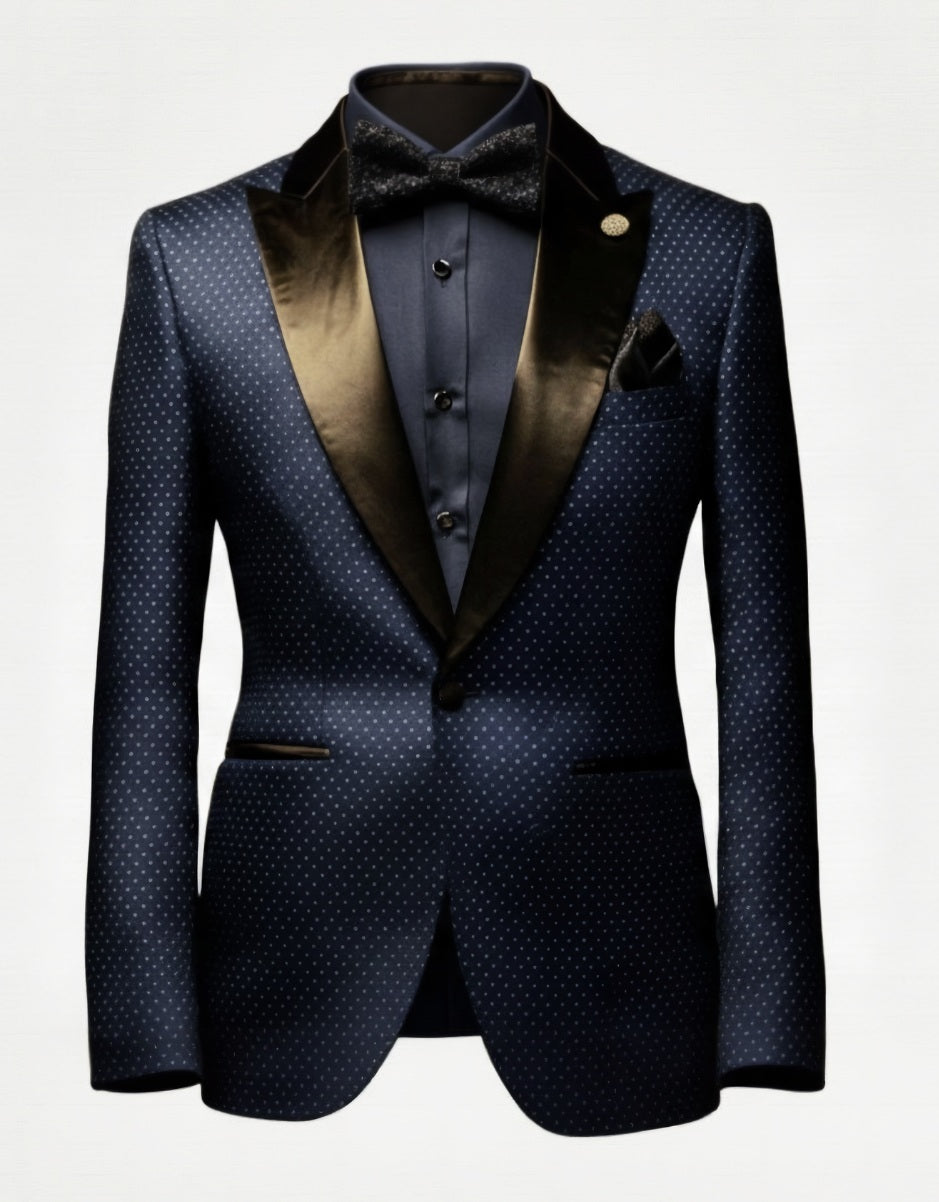 2pc Navy Polka Dot Single Breasted Tuxedo Jacket and Black Formal Trousers / Italian Pure Wool