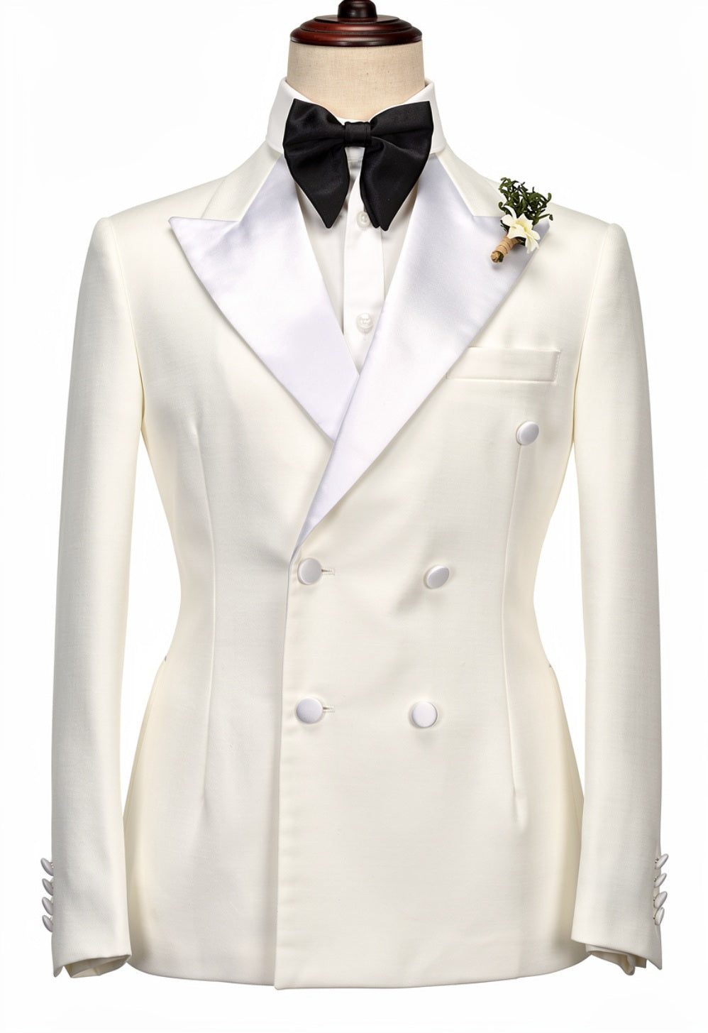 2pc White/ Ivory / Wool / Silk Double Breasted Tuxedo Jacket and Black Formal Trousers