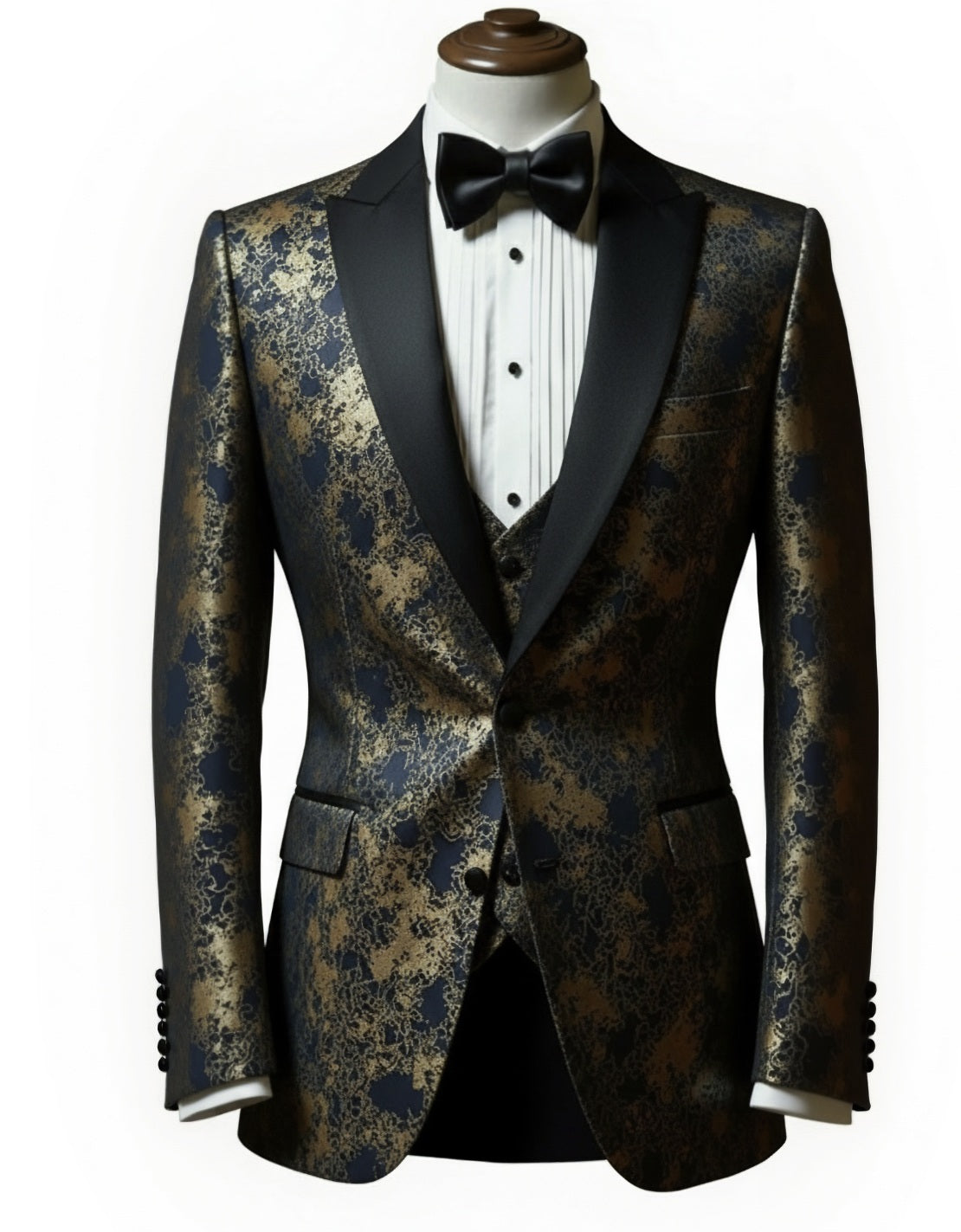 3pc Black and Gold Single Breasted Jacquard Tuxedo Jacket + Waistcoat and Black Formal Trousers