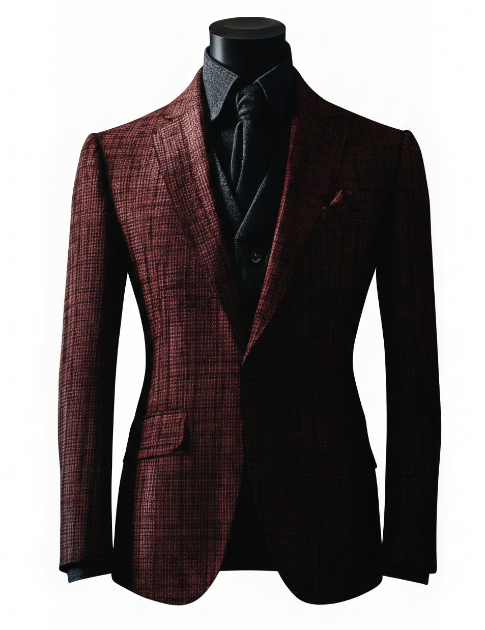 3pc Burgundy Single Breasted Textured Tuxedo Jacket + Waistcoat and Black Formal Trousers