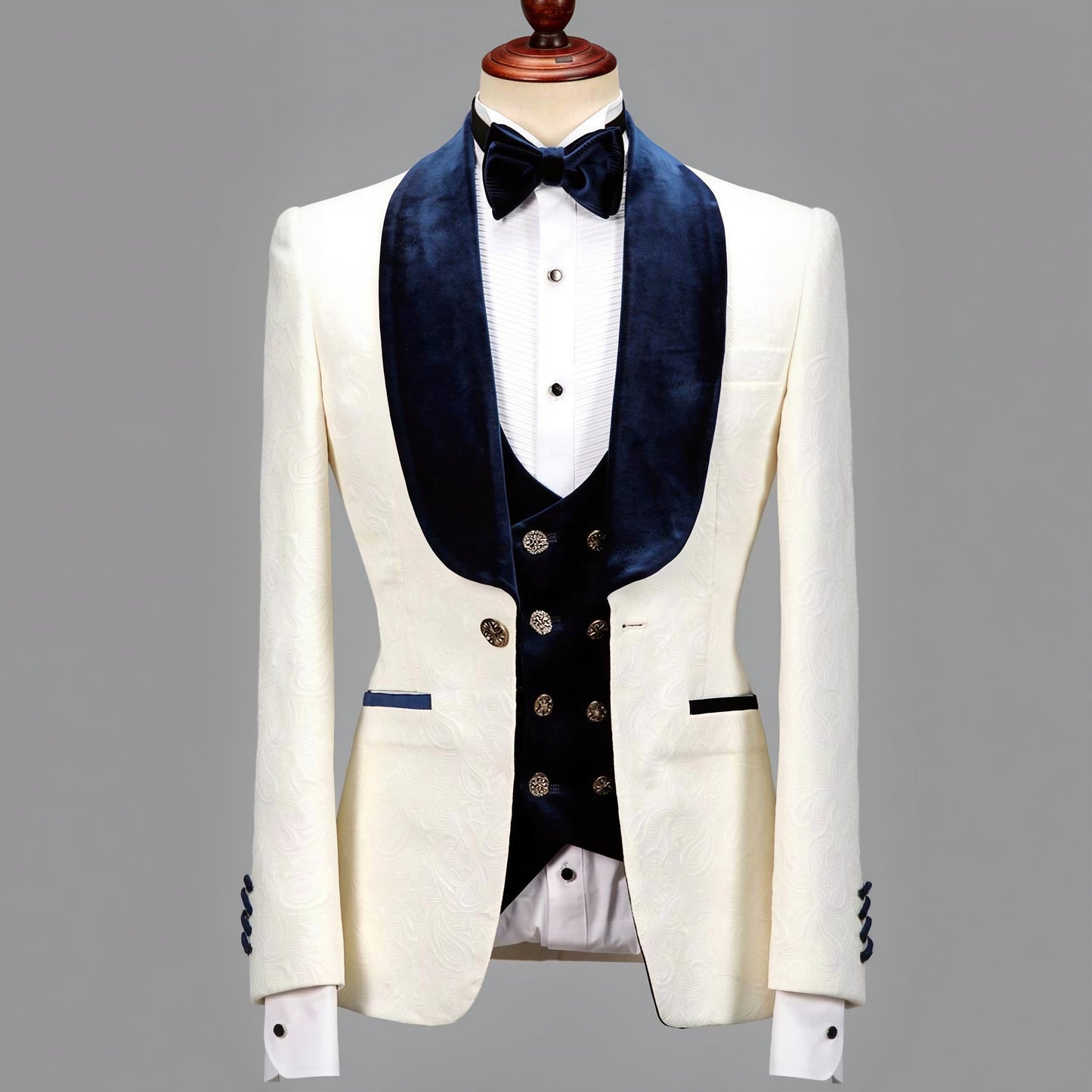 3pc Ivory Brocade Single Breasted Tuxedo Jacket + Waistcoat and Black Formal Trousers / Italian Pure Wool