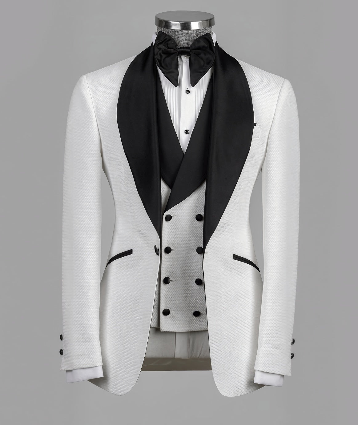 3pc Ivory Single Breasted Textured Tuxedo Jacket + Waistcoat and Black Formal Trousers
