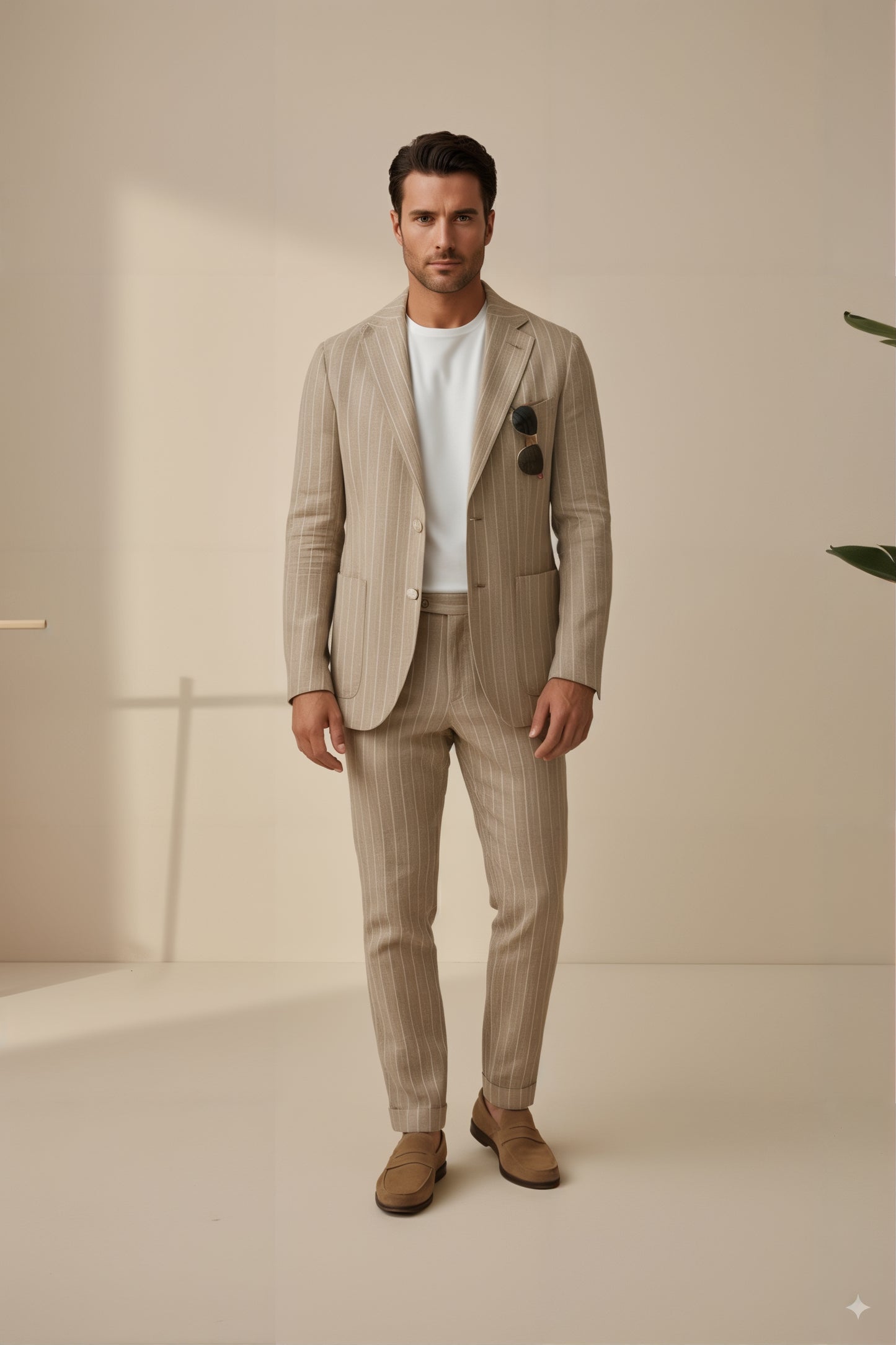 Soft Casual / Linen Single Breasted Tan Chalk Stripe Jacket Style No DJJ0070