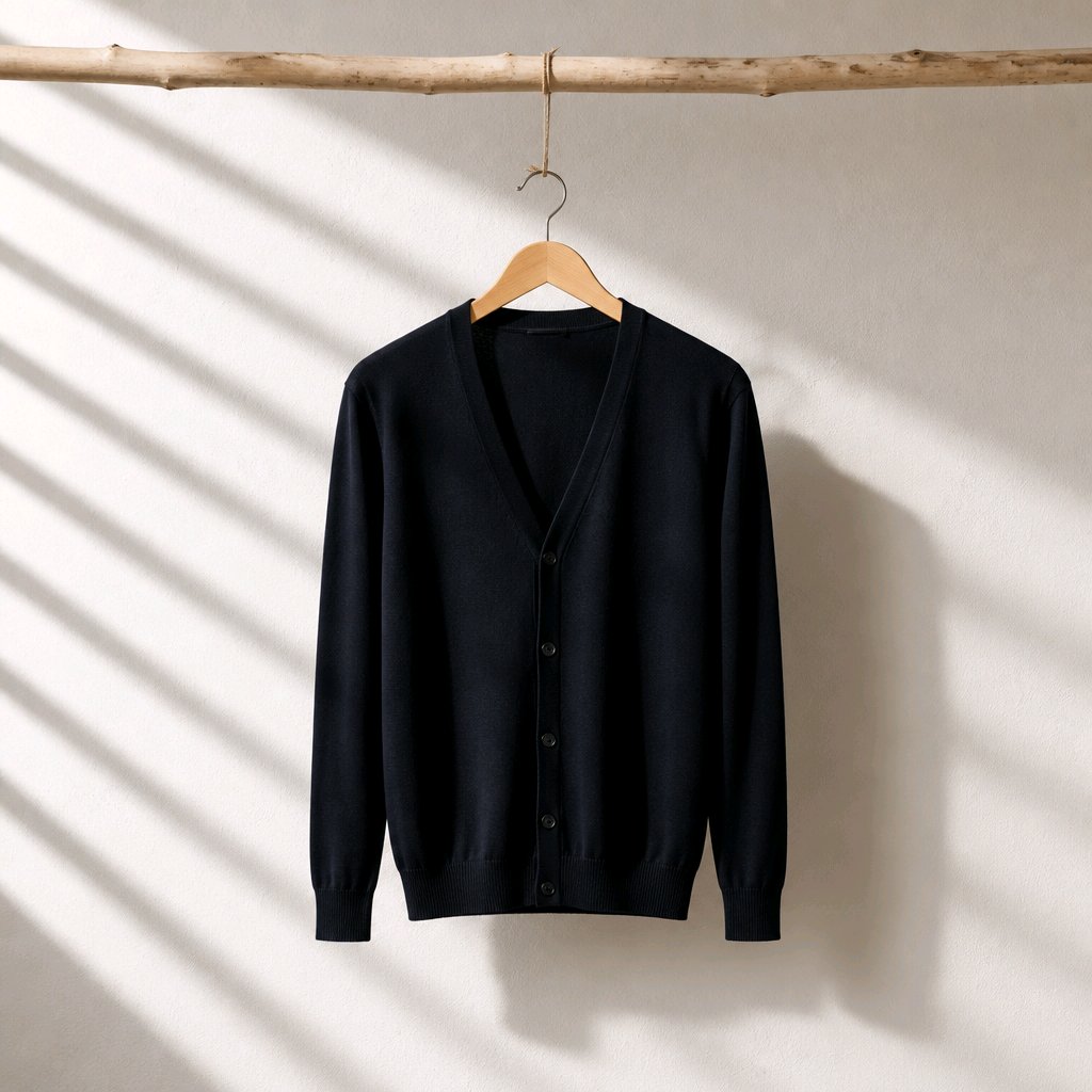 A Navy knit cardigan sweater hanging on a wooden hanger from a rustic branch, set against a textured off-white wall with soft diagonal shadows.