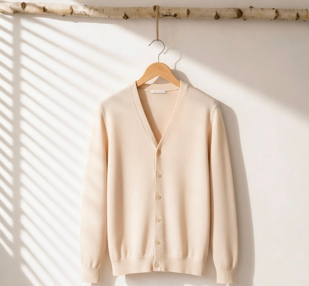 A cream-colored knit cardigan sweater hanging on a wooden hanger from a birch branch, set against a white wall with soft window shadow patterns.