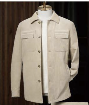 A light beige corduroy double-breasted jacket and trousers