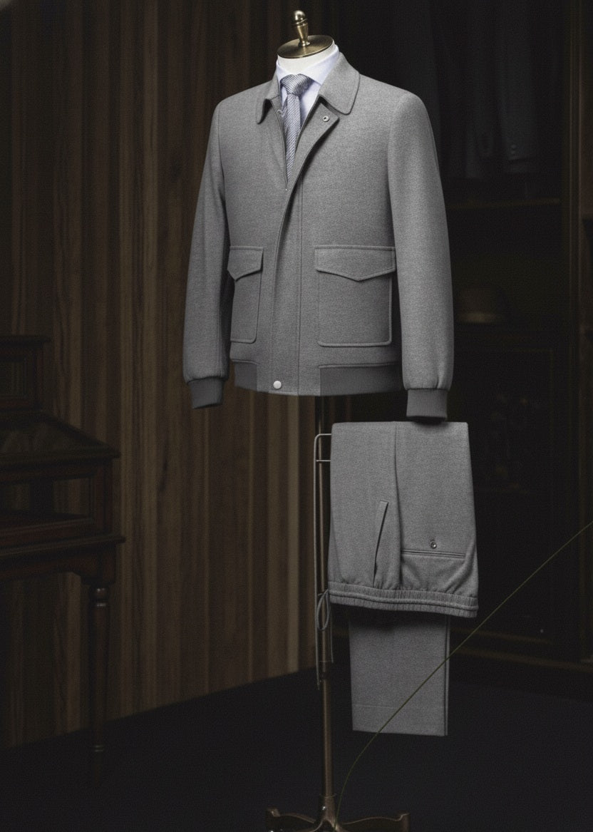 A medium grey casual jacket and plus medium grey trousers displayed on a mannequin, featuring a slim fit with single button fastening, patched flapped pockets, and grey ribbing on the hem