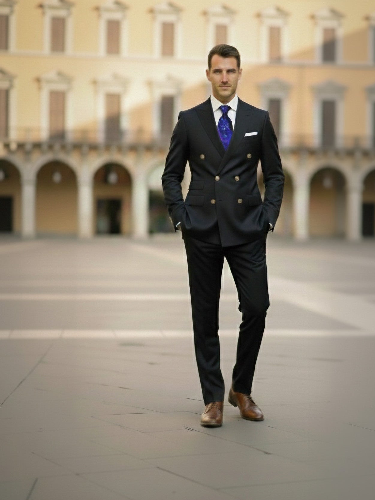 Man in a dark suit standing in front of a building with arches