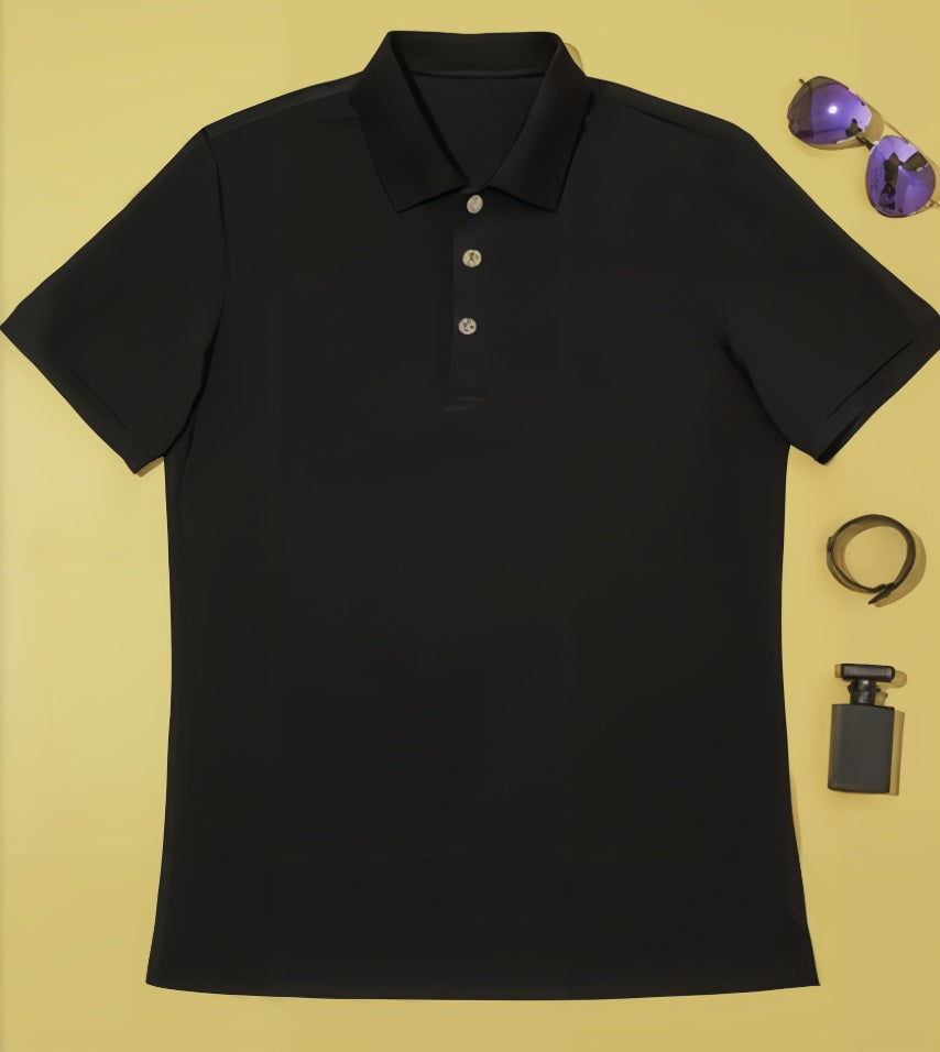 Black polo shirt on a yellow background with sunglasses, belt, and perfume bottle.
