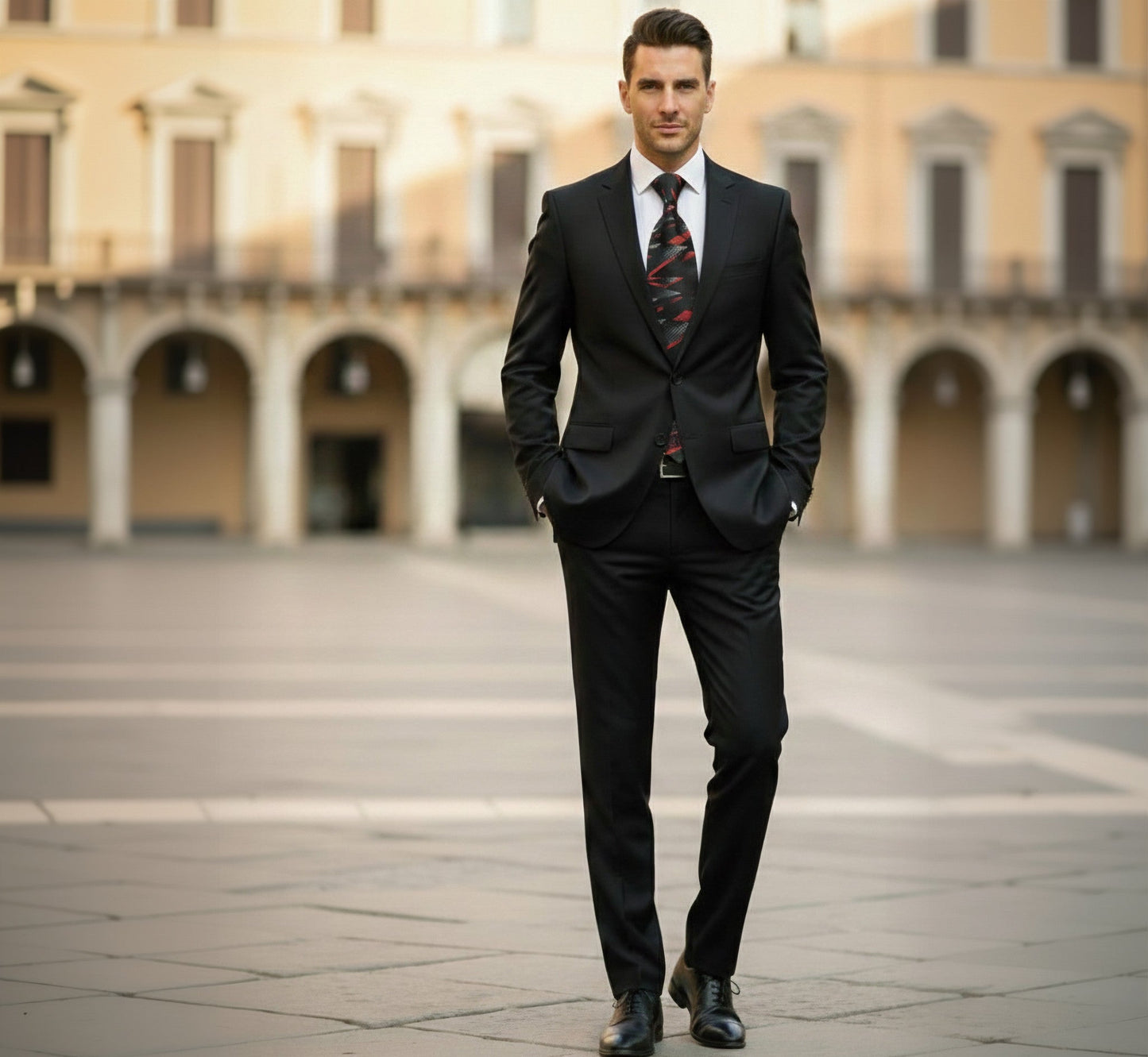 Man in a black suit standing in an open square with classical architecture.