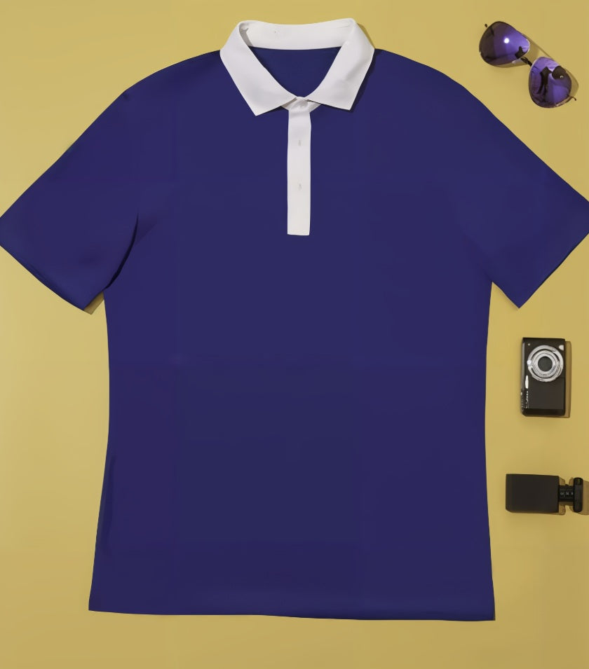 Blue polo shirt with white collar on a yellow background