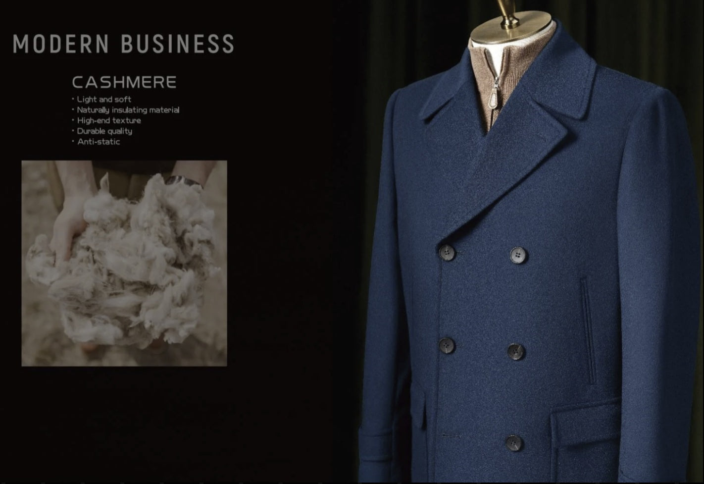 Blue cashmere coat on a mannequin with text about cashmere material.