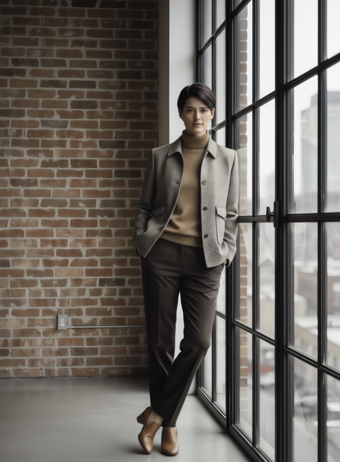 Woman standing by a large window with a brick wall background