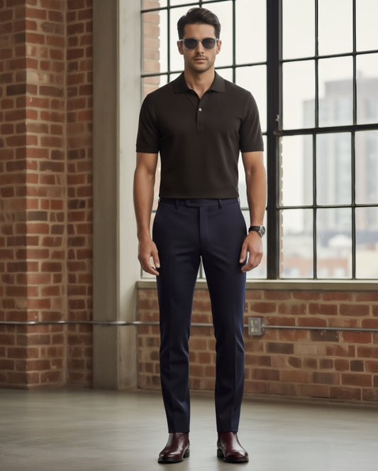 Man wearing a brown polo shirt and dark pants standing in front of a large window with a brick wall background.