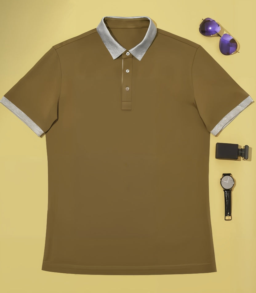 Brown polo shirt with gray trim on a yellow background