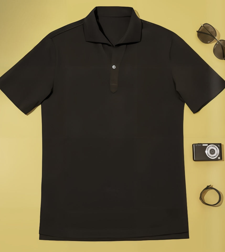 Brown polo shirt on a yellow background with sunglasses, camera, and belt.