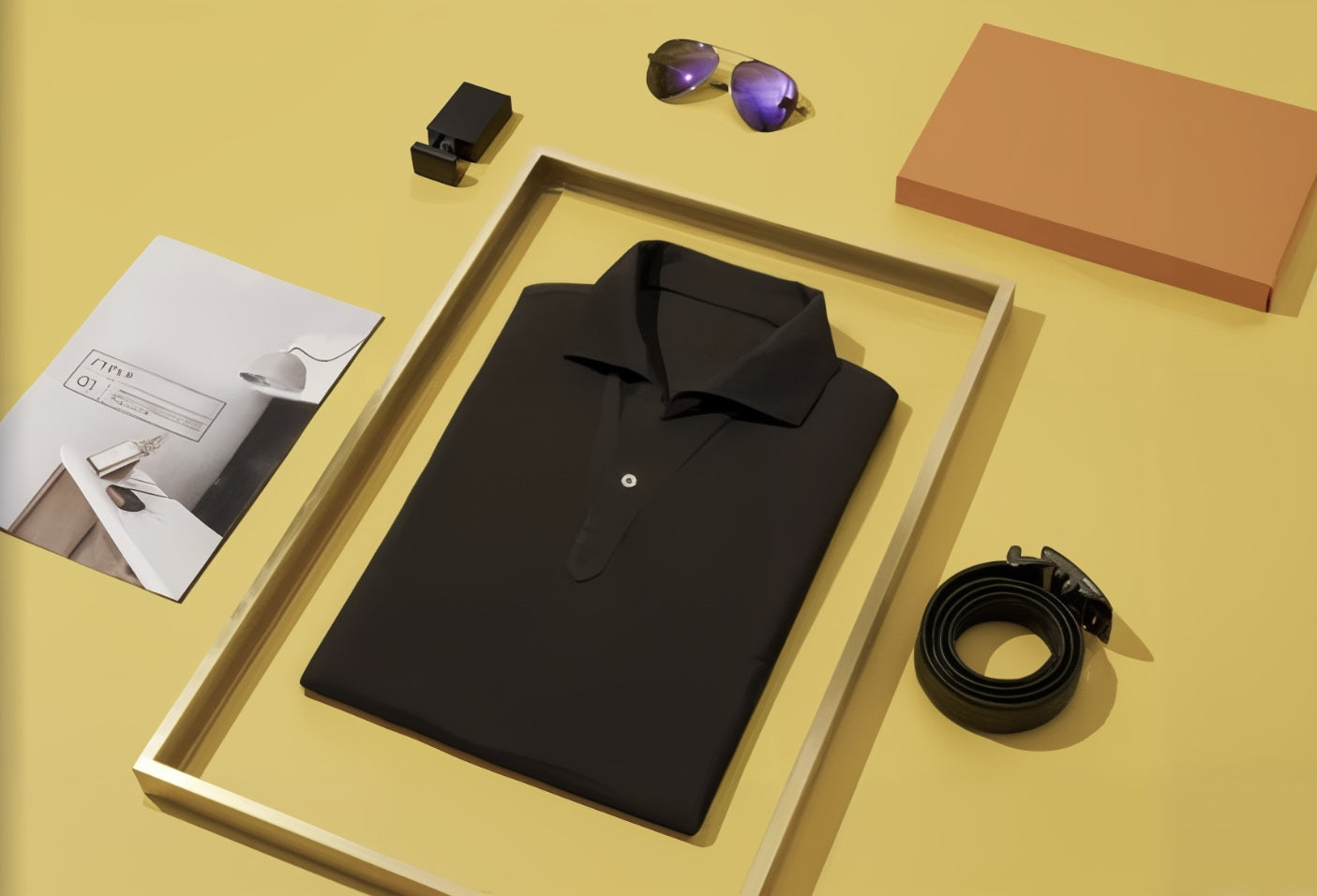 Brown polo shirt with sunglasses, belt, and box on a yellow background