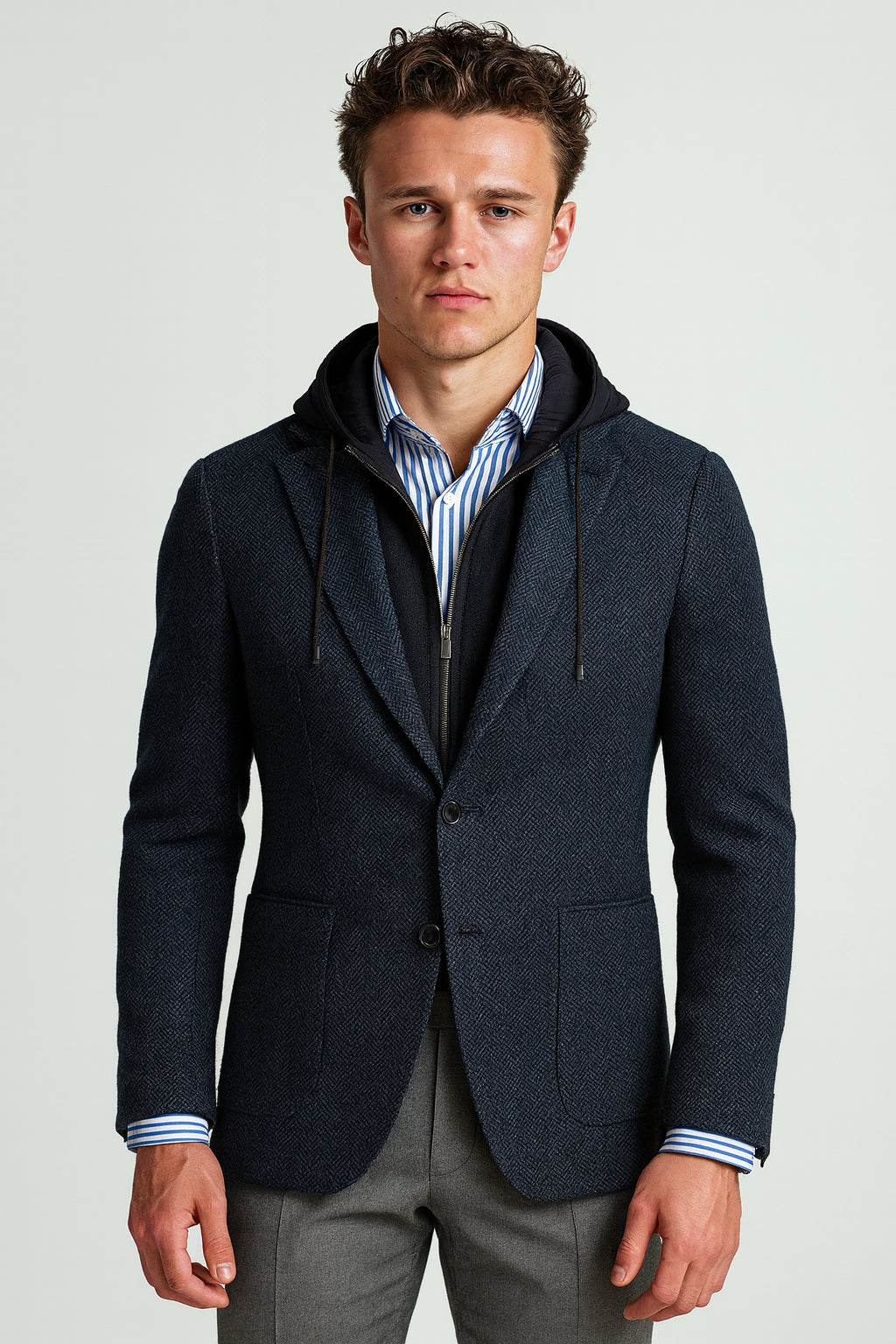 Blue Textured Casual Single Breasted Jacket / Plus Grey Trousers Style No DBU9062/ DAV7768