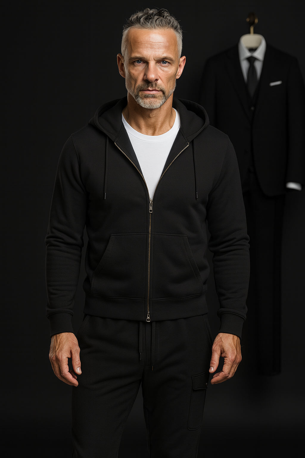 Black Casual Hooded Zip Jacket / Plus Black Trousers Style No DBU9009