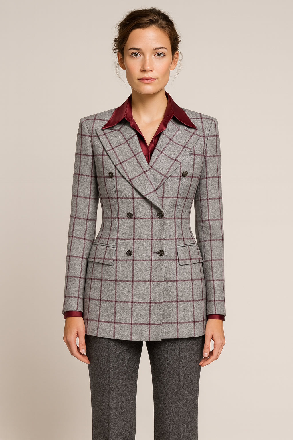 Grey-Wine Women's Double Breasted Check Wool Jacket / Style No DBV084A