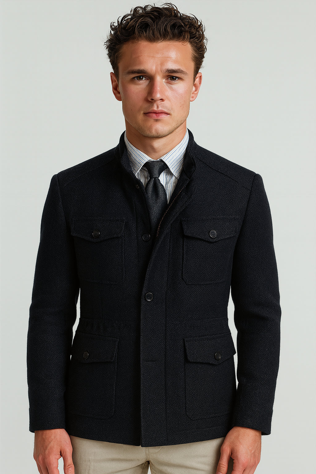 Dark Navy Funnel Casual Jacket / Beige Trousers Style No DBT6769- DBU3912