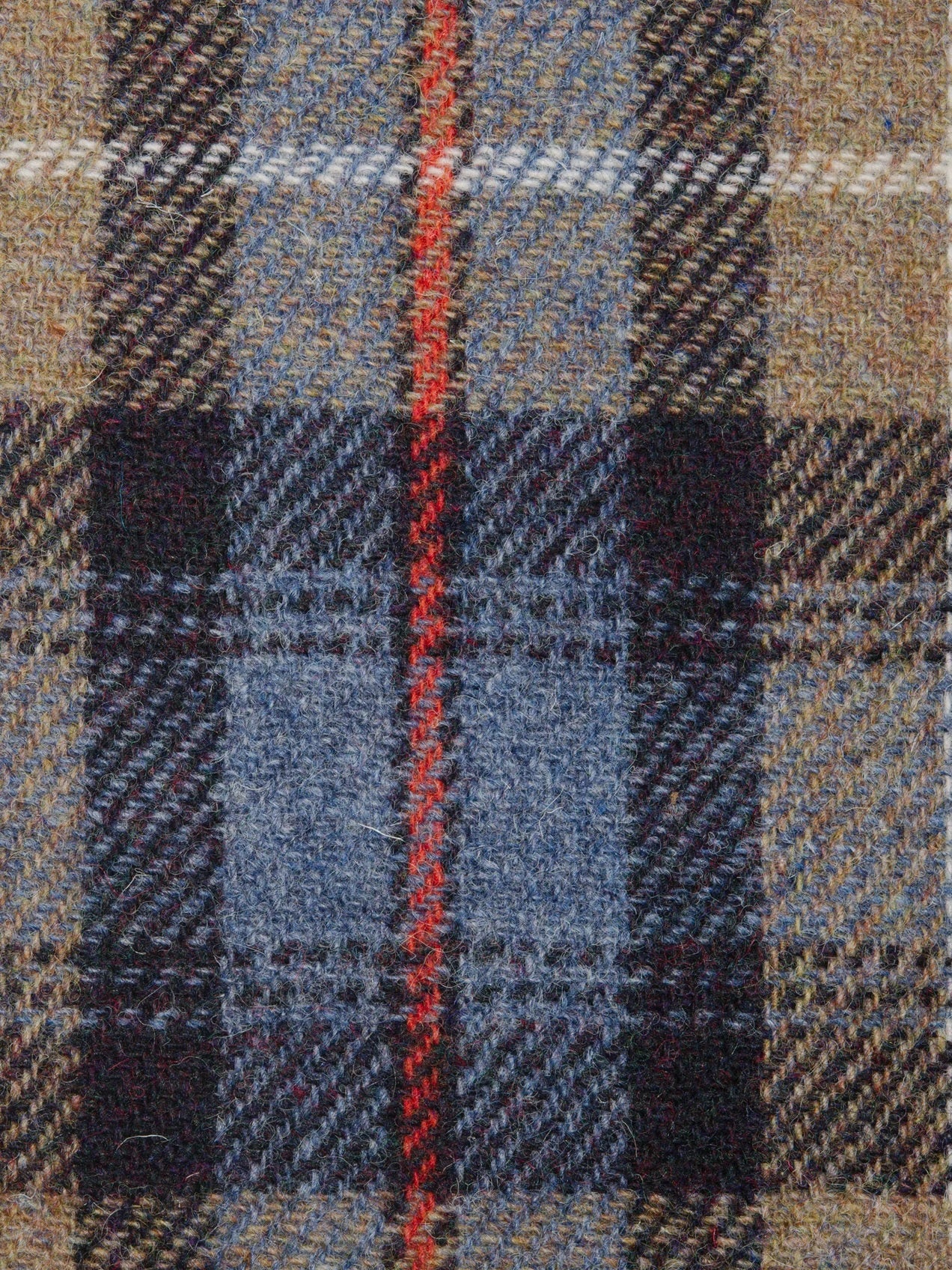 Close-up of a plaid fabric with blue, red, and beige colors.
