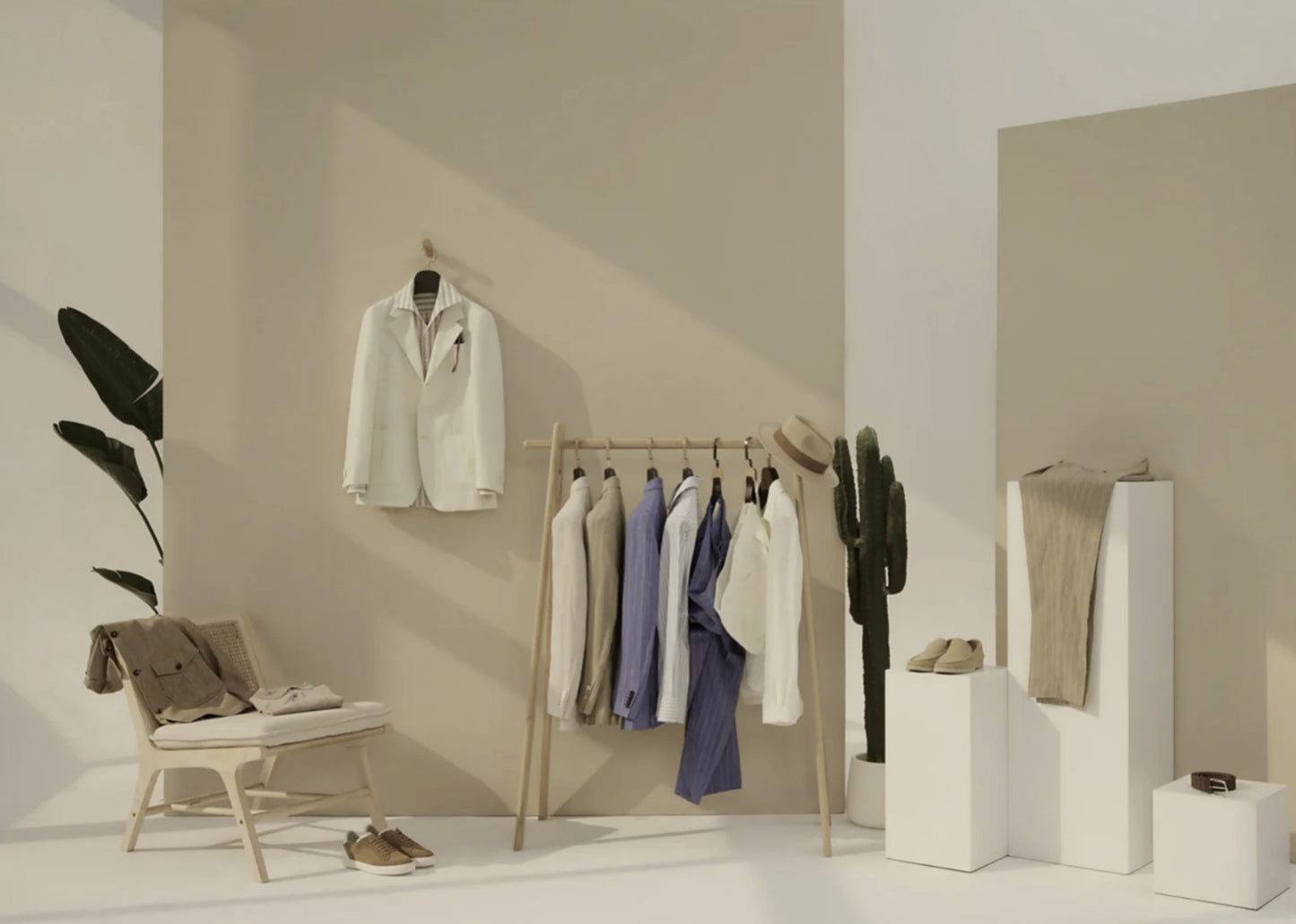 Clothing rack with clothes in a minimalistic room setting