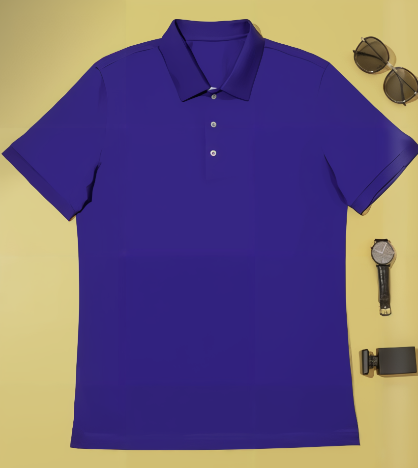 Blue polo shirt on a yellow background with sunglasses and a watch.