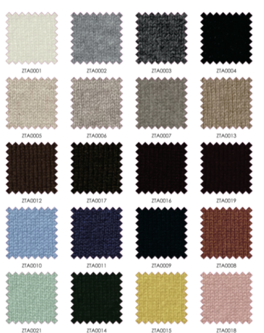Color swatch chart with various fabric textures and colors.