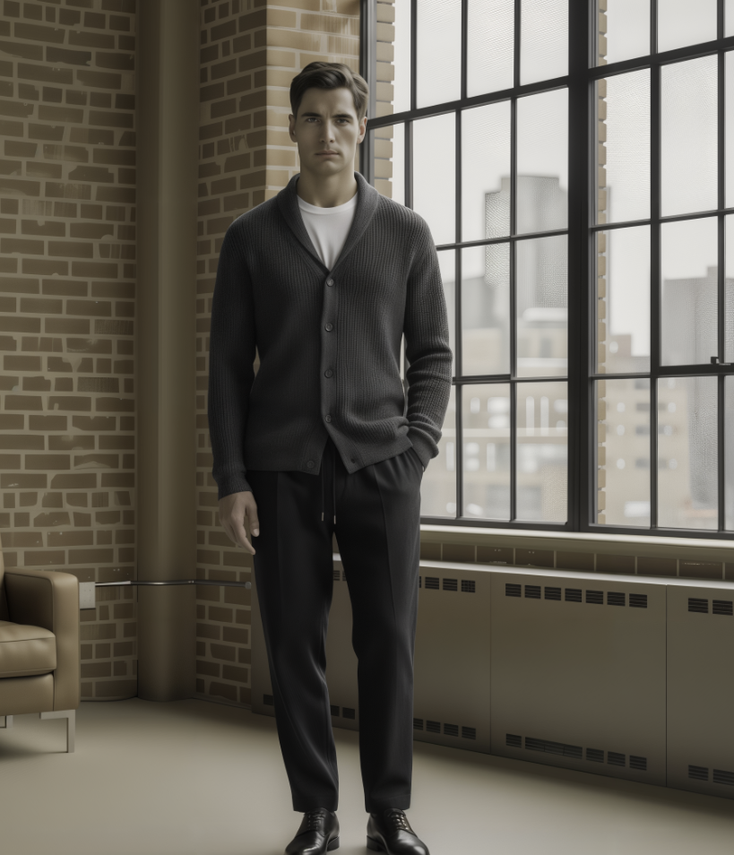 Man in a gray cardigan and dark pants standing in a room with large windows and brick wall.