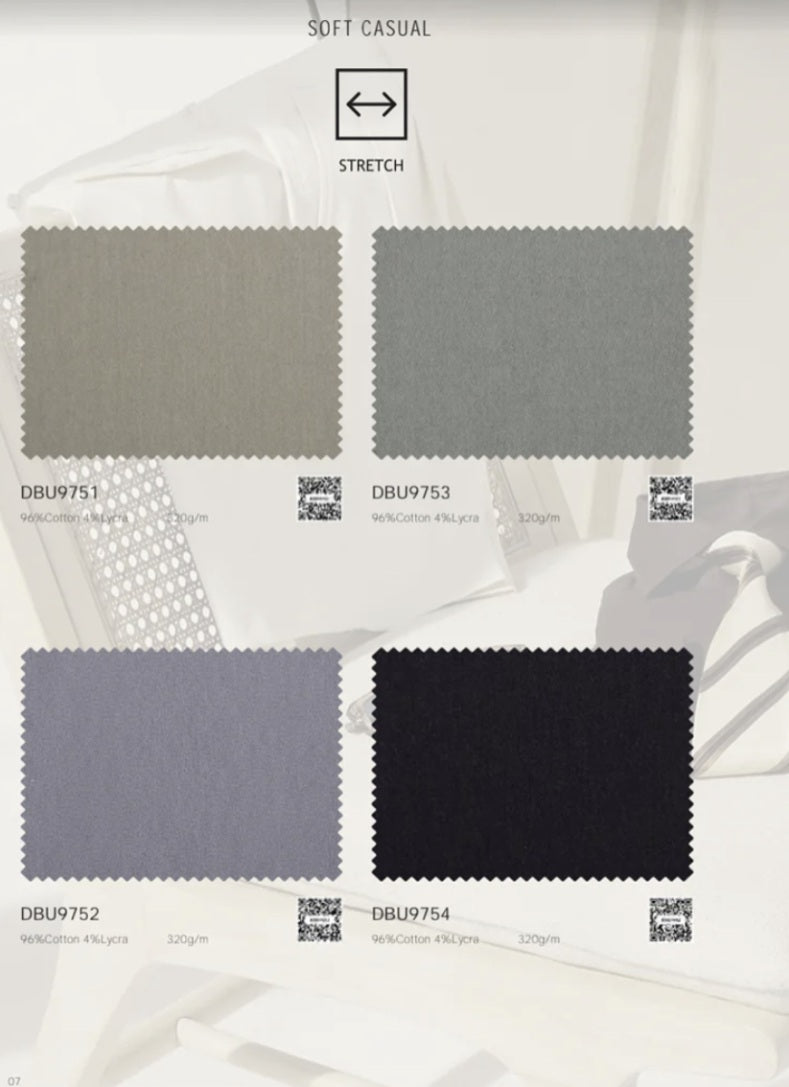 Fabric swatches labeled 'Soft Casual' with different textures and colors on a white background.