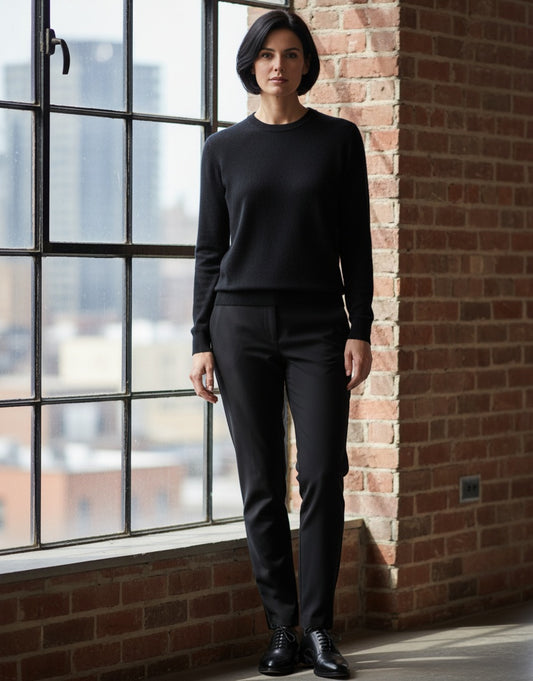 Women's Black Crew Neck 10% Cashmere 90% Wool Plain Knit