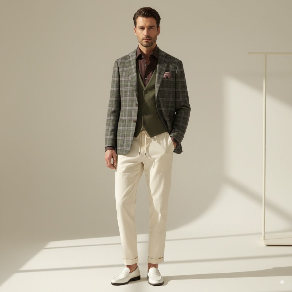 Soft Casual / Wool - Linen Single Breasted Green Check Jacket Style No DZZ0049