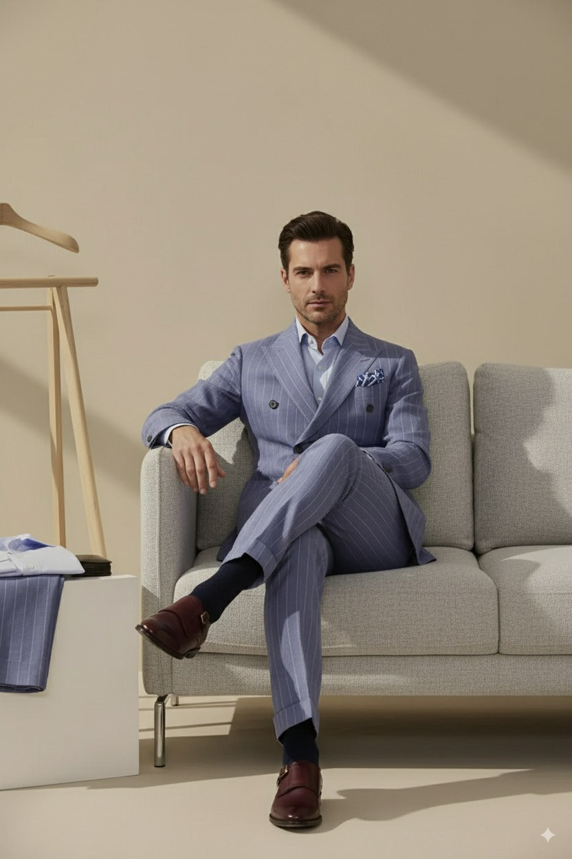 Soft Casual / Linen Double Breasted Blue Chalk Stripe Jacket Style No DJJ0071