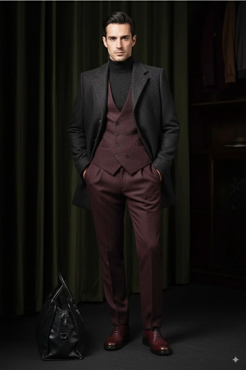 Black and Burgundy Single Breasted Overcoat Style No DBU9046