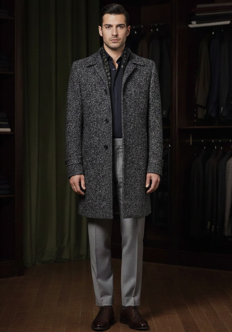 Grey and Black Twill Single Breasted Overcoat Style No DBU9042