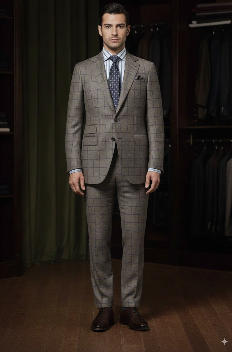 Grey and Navy Check Wool Single Breasted Jacket / Plus Grey and Navy Trousers