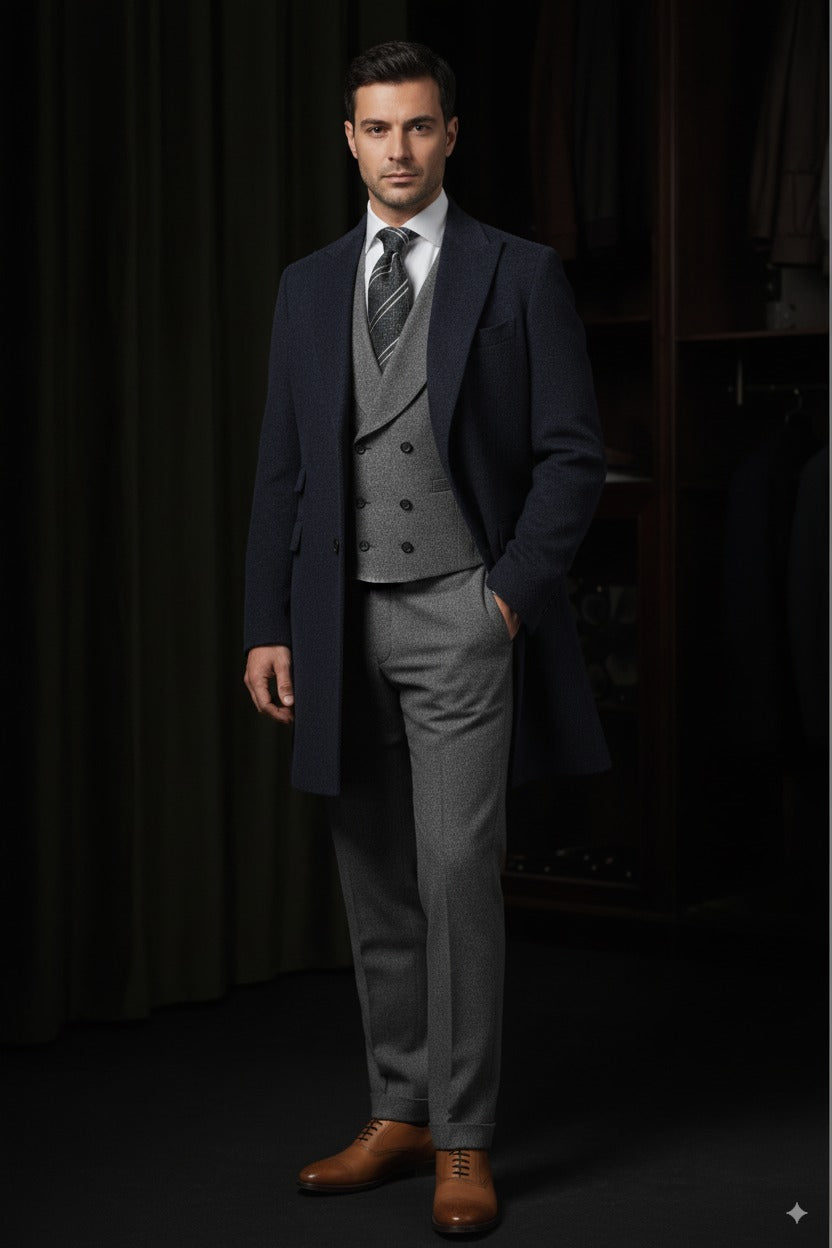 Navy Cashmere SB2 Overcoat /Grey Wool Trousers Style No DHH0010-DAV7768