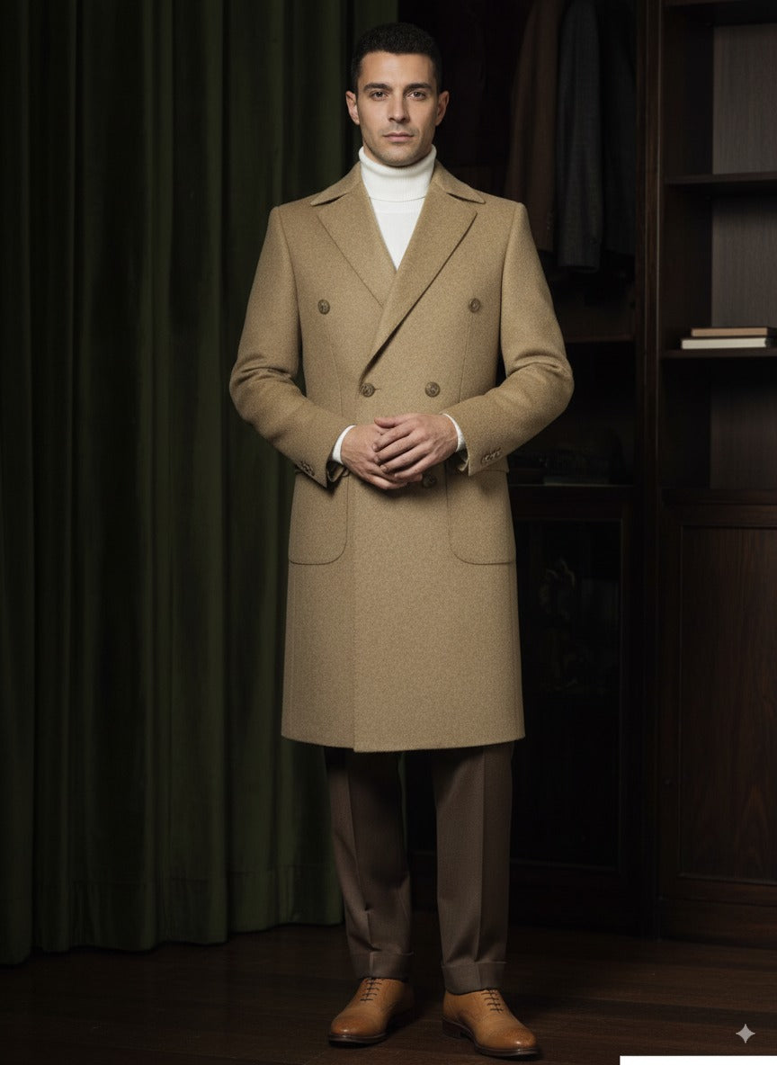 Tan Wool and Cashmere Double Breasted Overcoat Style DBU9075