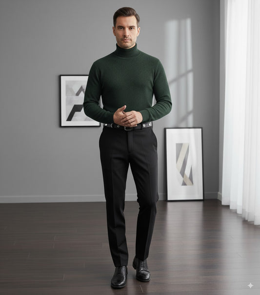 Dark Green Turtle Neck 10% Cashmere 90% Wool/ Plain Knit