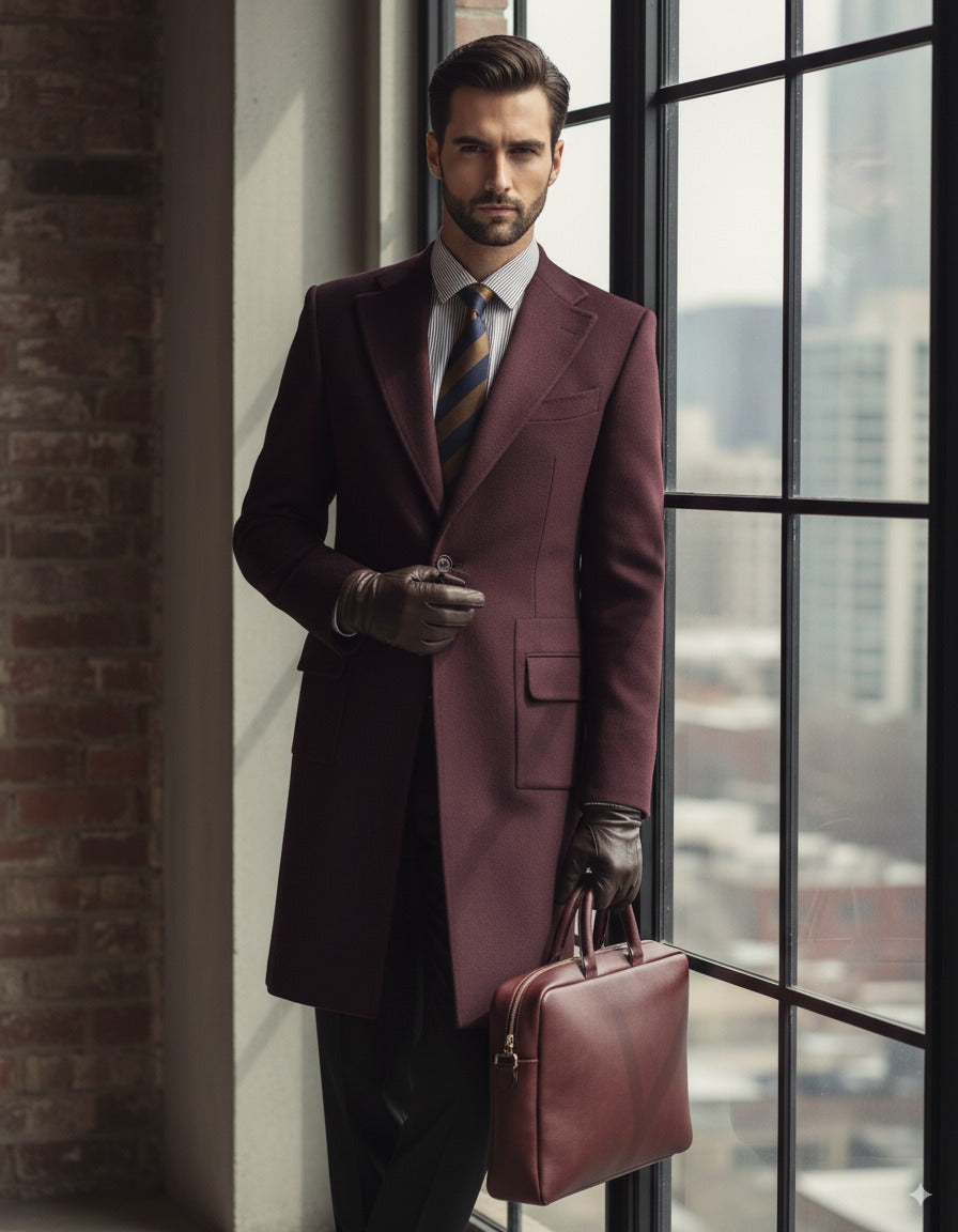 Wine / Red Single Breasted Overcoat Wool Style (SB1) E60226/500