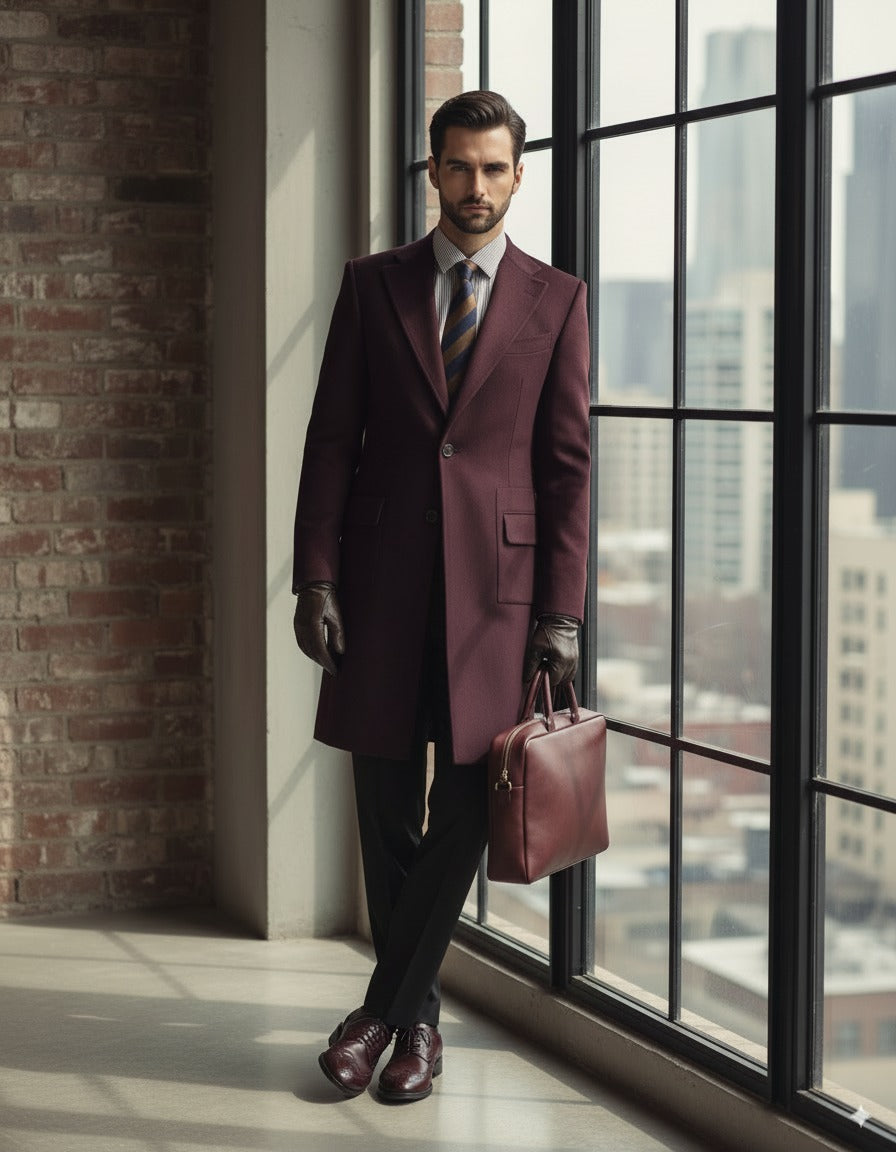 Wine / Red Single Breasted Overcoat Wool Style (SB1) E60226/500