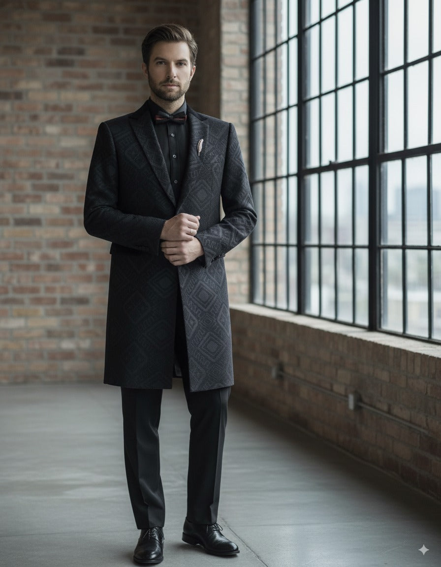 Tuxedo Black Textured Jacquard Long Jacket / Style Number J39163/200