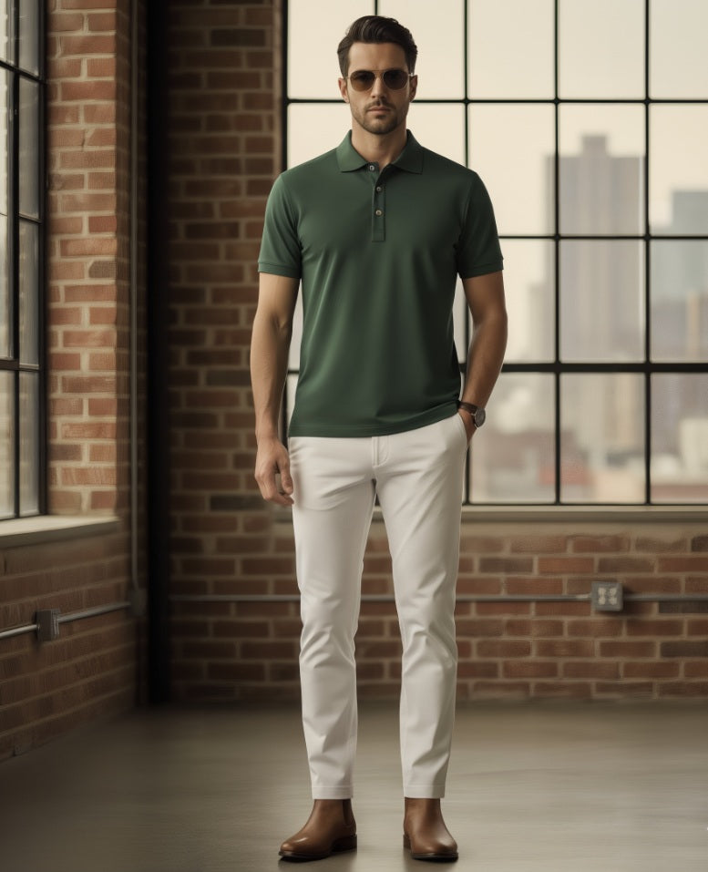 Man wearing a green polo shirt and white pants standing in a room with brick walls and large windows.