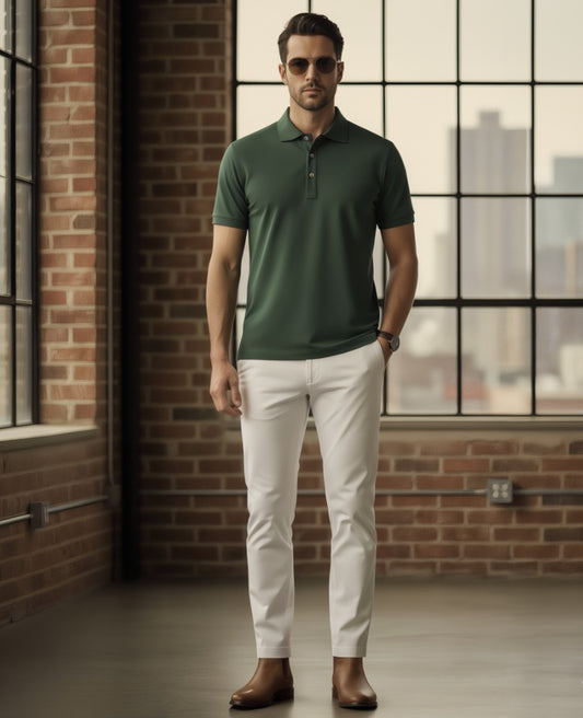 Man wearing a green polo shirt and white pants standing in a room with brick walls and large windows.